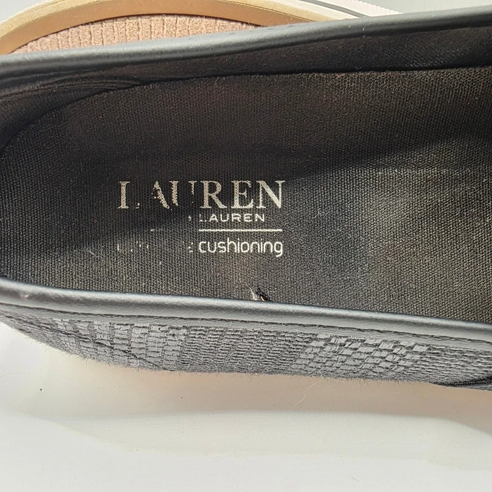 Lauren Ralph Lauren Jinny Black Woven Slip On Sneakers Womens 9B Gold Logo Flat